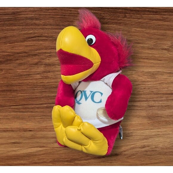 QVC Red Plush Parrot Toy With Yellow Beak & Feet Wearing White Shirt With Logo - Picture 1 of 14